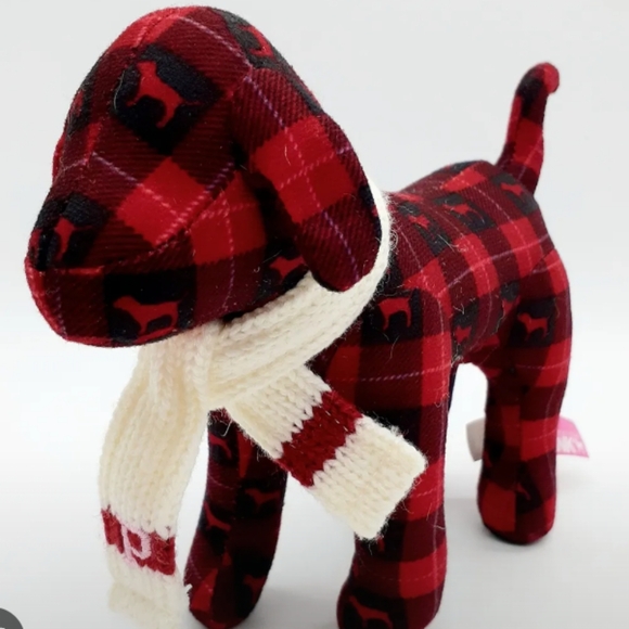 PINK Victoria's Secret " Limited Edition"  Plaid Pup with Scarf (Red ♥️ / Cream) - Picture 2 of 4